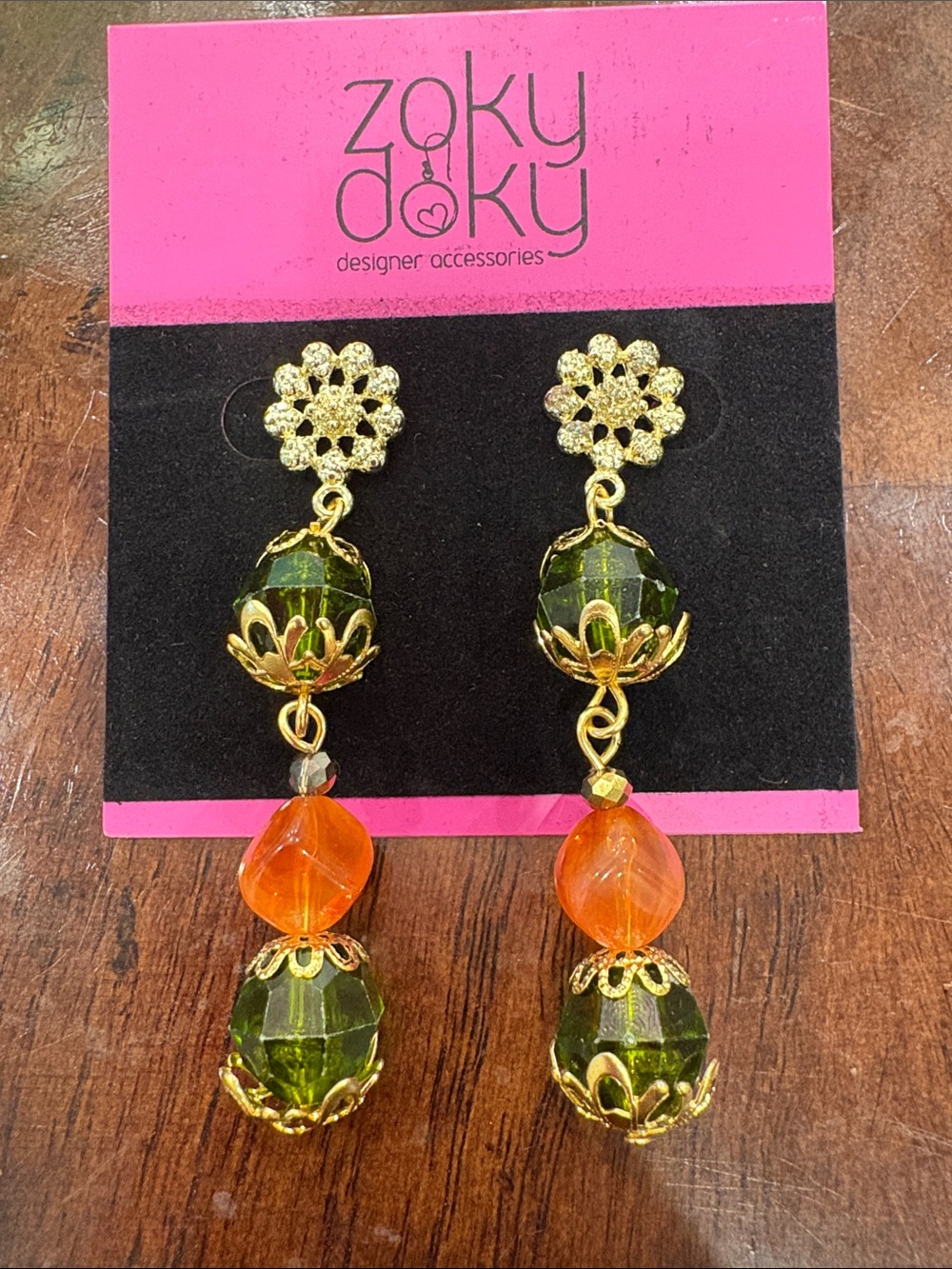 Vintage Green and Orange Beaded Drop Earrings